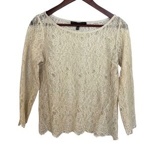 White House Black Market Cream Lace Long Sleeve Boat Neck Top‎ Size Small